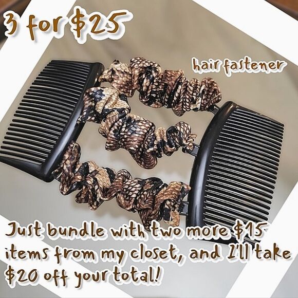Vtg Y2K brown snake print double comb faux silk scrunchie hair fastener - Picture 1 of 7